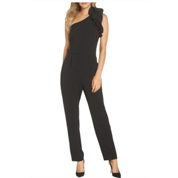 Eliza J One Shoulder Ruffle Jumpsuit Women Size 12 Black - Picture 1 of 7